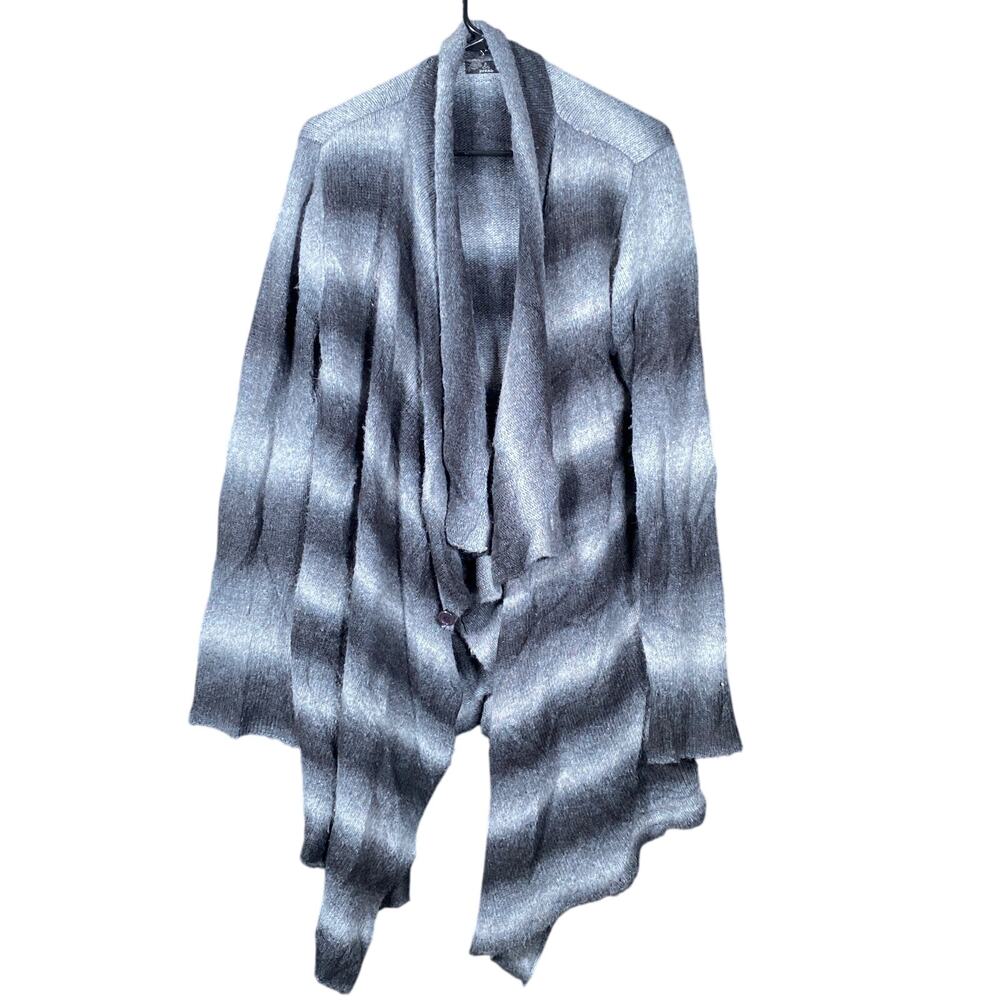 prAna Womens Sweater Black Gray Striped Open Waterfall Cardigan Wool Blend L